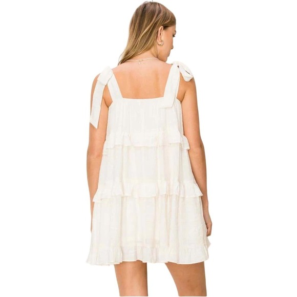 NEW Square Neck Sleeveless Tie Strap Tiered Ruffle Babydoll Mini Dress Cream - L - Picture 3 of 6
